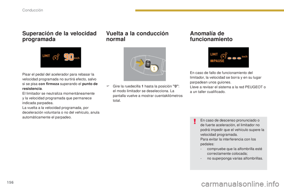 PEUGEOT 3008 2014 Manual del propietario (in Spanish) 156
Anomalía de
funcionamiento
En caso de descenso pronunciado o
de fuerte aceleración, el limitador no
podrá impedir que el vehículo supere la
velocidad programada.
Para evitar la inter feren PEUGEOT 3008 2014 Manual del propietario (in Spanish) 156
Anomalía de
funcionamiento
En caso de descenso pronunciado o
de fuerte aceleración, el limitador no
podrá impedir que el vehículo supere la
velocidad programada.
Para evitar la inter feren