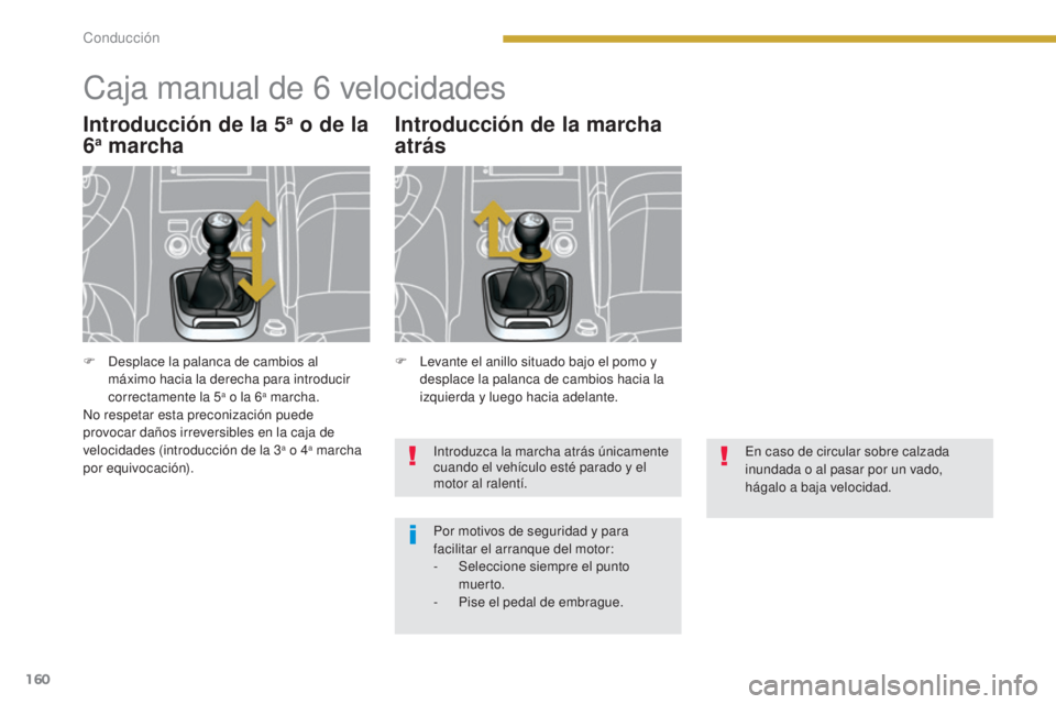 PEUGEOT 3008 2014  Manual del propietario (in Spanish) 160
Caja manual de 6 velocidades
Introducción de la 5a o de la 
6a marcha Introducción de la marcha 
atrás
Introduzca la marcha atrás únicamente 
cuando el vehículo esté parado y el 
motor al r
