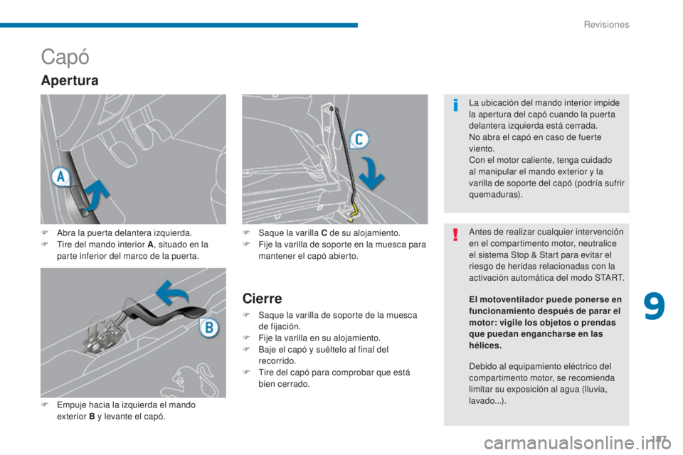 PEUGEOT 3008 2014  Manual del propietario (in Spanish) 187
Capó
F Abra la puerta delantera izquierda.
F T ire del mando interior A , situado en la 
parte inferior del marco de la puerta.
F
 
E
 mpuje hacia la izquierda el mando 
exterior B y levante el c
