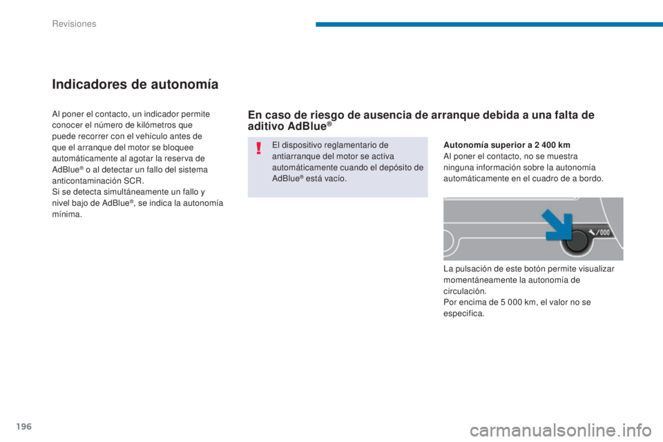 PEUGEOT 3008 2014  Manual del propietario (in Spanish) 196
Indicadores de autonomía
El dispositivo reglamentario de 
antiarranque del motor se activa 
automáticamente cuando el depósito de 
AdBlue
® está vacío.
Al poner el contacto, un indicador per
