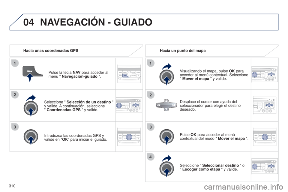 PEUGEOT 3008 2014  Manual del propietario (in Spanish) 04
310
3008_es_Chap12c_RT6-2-8_ed01-2014
Seleccione " Selección de un destino  " 
y valide. A continuación, seleccione  
" Coordenadas GPS " y valide.
Introduzca las coordenadas GPS 