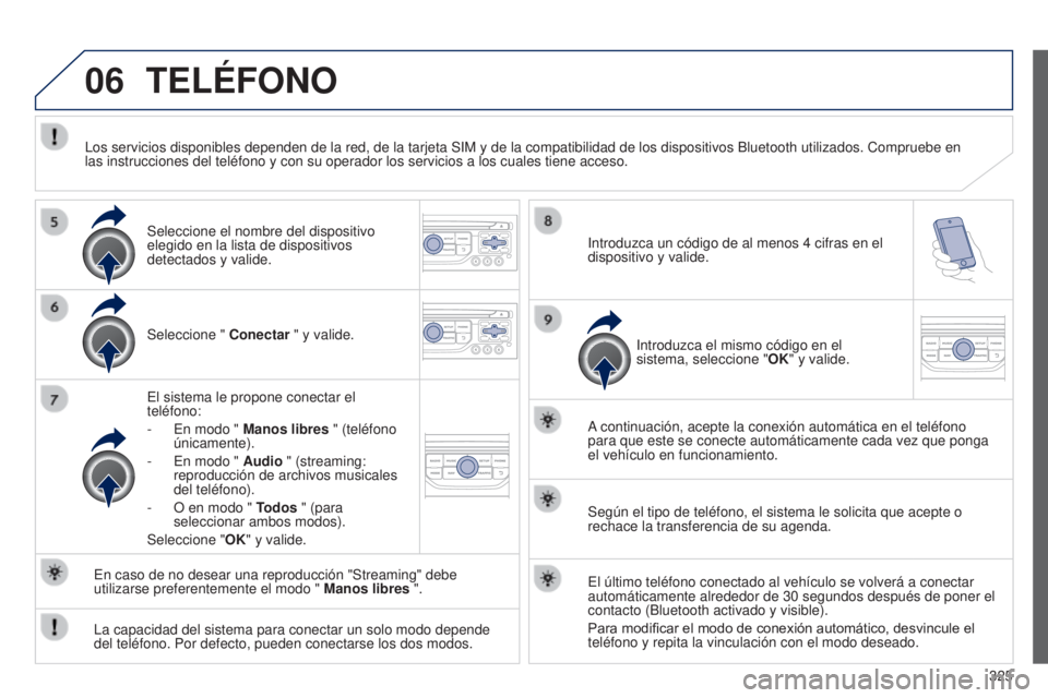PEUGEOT 3008 2014 Manual del propietario (in Spanish) 06
325
3008_es_Chap12c_RT6-2-8_ed01-2014
TELÉFONO
Seleccione " Conectar " y valide.
El sistema le propone conectar el
teléfono:
-
En modo "
Manos libres " (teléfono
únicament PEUGEOT 3008 2014 Manual del propietario (in Spanish) 06
325
3008_es_Chap12c_RT6-2-8_ed01-2014
TELÉFONO
Seleccione " Conectar " y valide.
El sistema le propone conectar el
teléfono:
-
En modo "
Manos libres " (teléfono
únicament
