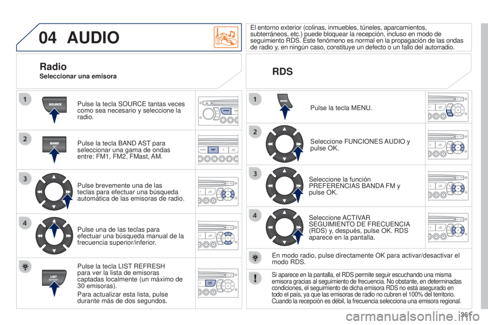 PEUGEOT 3008 2014 Manual del propietario (in Spanish) 04
361
3008_es_Chap12d_RD45_ed01_2013
AUDIO
Pulse la tecla SOURCE tantas veces
como sea necesario y seleccione la
radio.
Pulse la tecla BAND AST para
seleccionar una gama de ondas
entre: FM1, FM2, PEUGEOT 3008 2014 Manual del propietario (in Spanish) 04
361
3008_es_Chap12d_RD45_ed01_2013
AUDIO
Pulse la tecla SOURCE tantas veces
como sea necesario y seleccione la
radio.
Pulse la tecla BAND AST para
seleccionar una gama de ondas
entre: FM1, FM2,