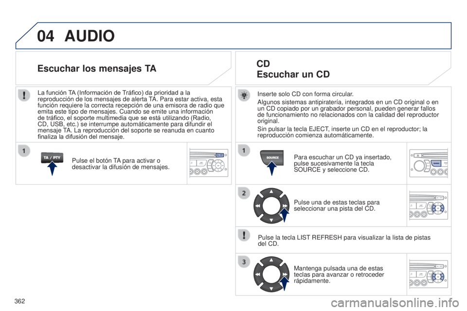 PEUGEOT 3008 2014 Manual del propietario (in Spanish) 04
362
3008_es_Chap12d_RD45_ed01_2013
AUDIO
Inserte solo CD con forma circular.
Algunos sistemas antipiratería, integrados en un CD original o en
un CD copiado por un grabador personal, pueden gener PEUGEOT 3008 2014 Manual del propietario (in Spanish) 04
362
3008_es_Chap12d_RD45_ed01_2013
AUDIO
Inserte solo CD con forma circular.
Algunos sistemas antipiratería, integrados en un CD original o en
un CD copiado por un grabador personal, pueden gener
