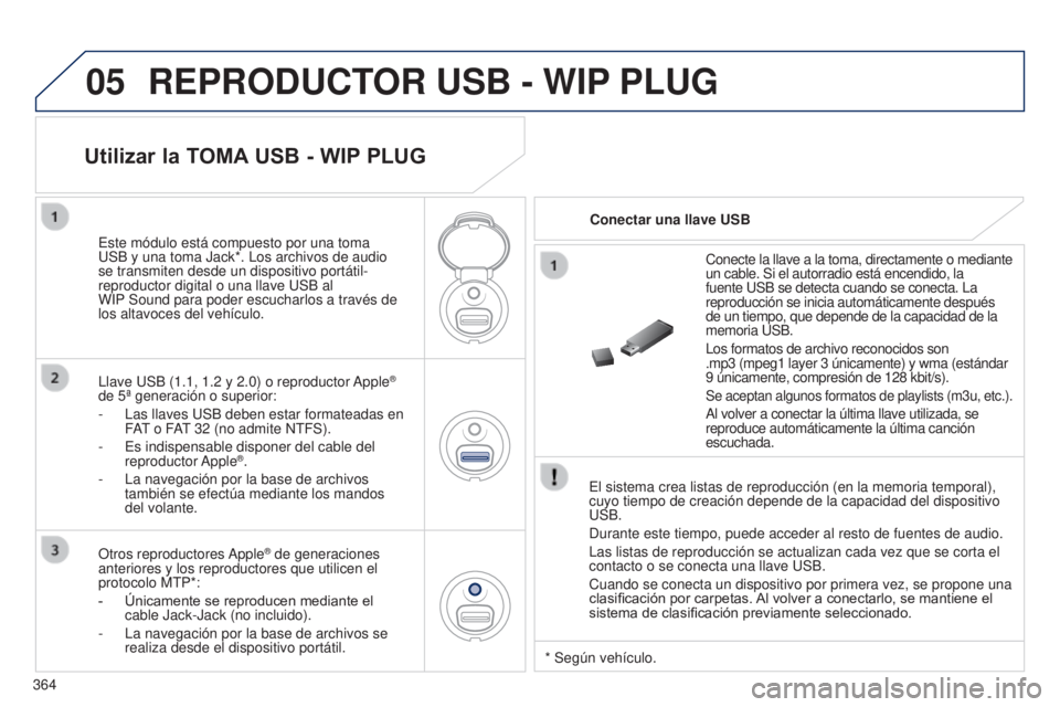 PEUGEOT 3008 2014 Manual del propietario (in Spanish) 05
364
3008_es_Chap12d_RD45_ed01_2013
REPRODUCTOR USB - WIP PLUG
El sistema crea listas de reproducción (en la memoria temporal),
cuyo tiempo de creación depende de la capacidad del dispositivo
US PEUGEOT 3008 2014 Manual del propietario (in Spanish) 05
364
3008_es_Chap12d_RD45_ed01_2013
REPRODUCTOR USB - WIP PLUG
El sistema crea listas de reproducción (en la memoria temporal),
cuyo tiempo de creación depende de la capacidad del dispositivo
US