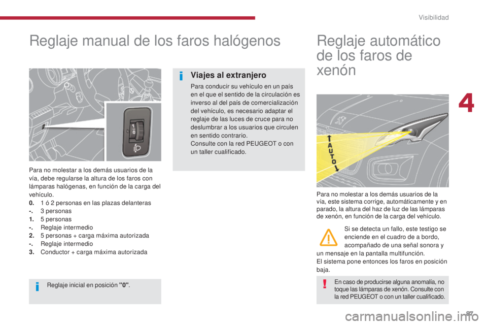 PEUGEOT 3008 2014 Manual del propietario (in Spanish) 87
Reglaje manual de los faros halógenos
Para no molestar a los demás usuarios de la
vía, debe regularse la altura de los faros con
lámparas halógenas, en función de la carga del
vehículo.
0 PEUGEOT 3008 2014 Manual del propietario (in Spanish) 87
Reglaje manual de los faros halógenos
Para no molestar a los demás usuarios de la
vía, debe regularse la altura de los faros con
lámparas halógenas, en función de la carga del
vehículo.
0