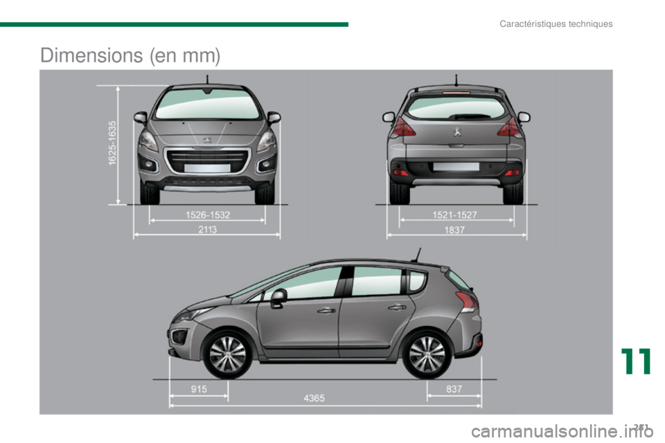 PEUGEOT 3008 2014  Manuel du propriétaire (in French) 251
Dimensions (en mm)
11 
Caractéristiques techniques  