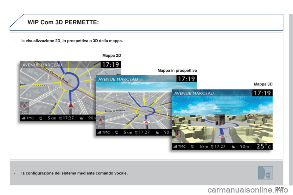 PEUGEOT 3008 2014  Manuale duso (in Italian) 267
3008_it_Chap12b_Ng4_ed01-2014
- la visualizzazione 2D, in prospettiva o 3D della mappa.
-  
la
  configurazione del sistema mediante comando vocale. Mappa 3D
Mappa 2D
Mappa in prospettiva
WIP Com 
