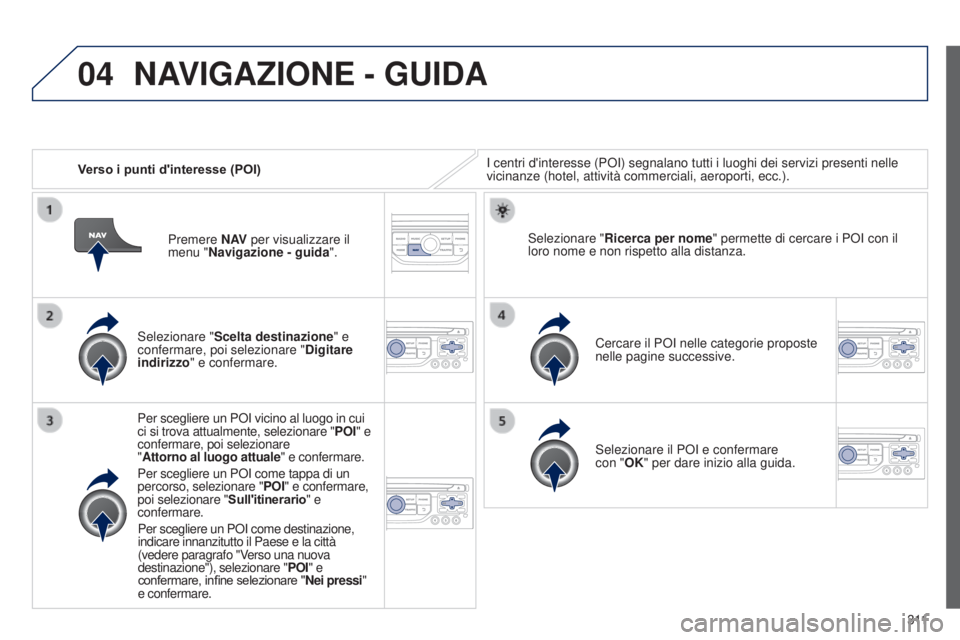 PEUGEOT 3008 2014  Manuale duso (in Italian) 04
3 11
3008_it_Chap12c_Rt6-2-8_ed01-2014
Verso i punti d'interesse (POI) I centri d'interesse (P o I) segnalano tutti i luoghi dei servizi presenti nelle 
vicinanze (hotel, attività commerci
