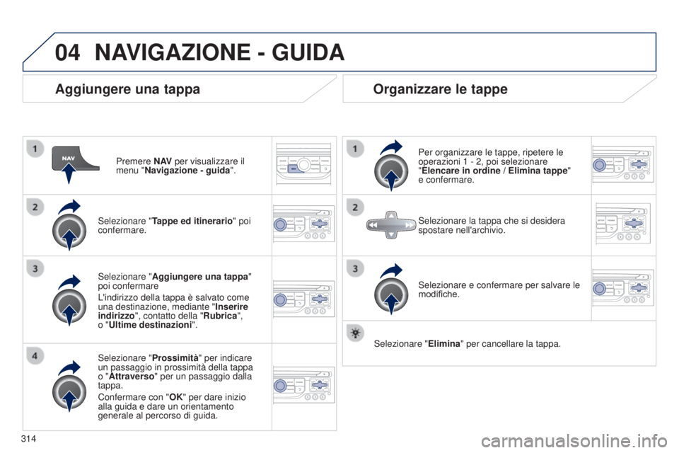 PEUGEOT 3008 2014  Manuale duso (in Italian) 04
314
3008_it_Chap12c_Rt6-2-8_ed01-2014
Aggiungere una tappa
Premere N AV per visualizzare il 
menu "Navigazione - guida ".
Selezionare " Tappe ed itinerario " poi 
confermare.
Selezi