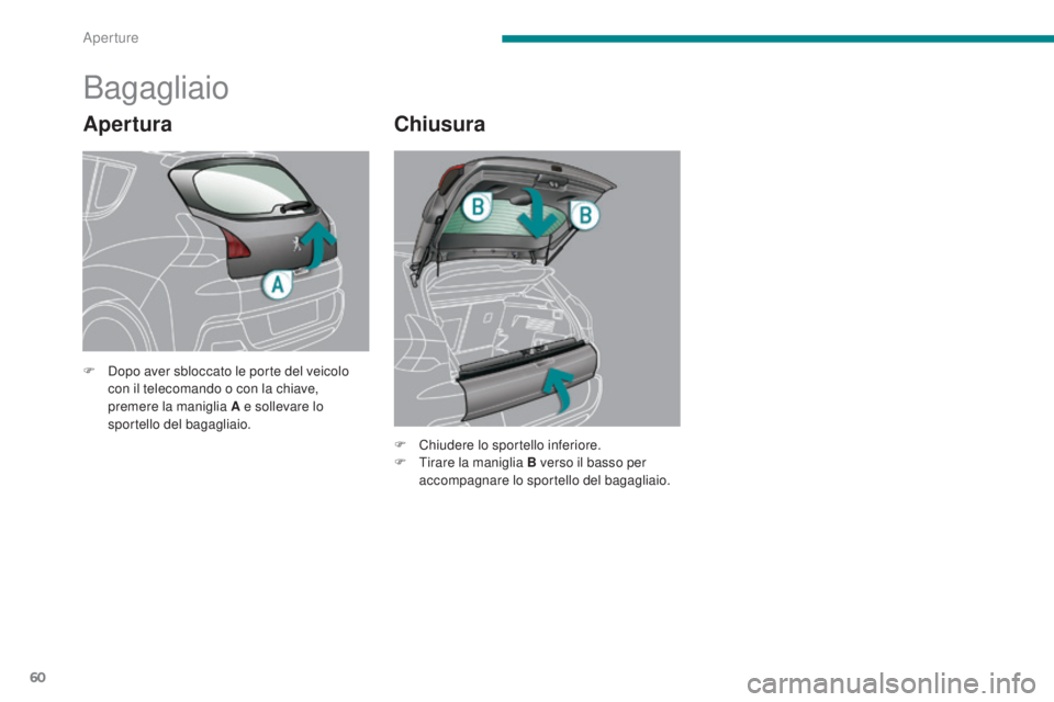 PEUGEOT 3008 2014  Manuale duso (in Italian) 60
Apertura
Bagagliaio
Chiusura
F Dopo aver sbloccato le porte del veicolo con il telecomando o con la chiave, 
premere la maniglia A e sollevare lo 
sportello del bagagliaio.
F
 
Ch
 iudere lo sporte