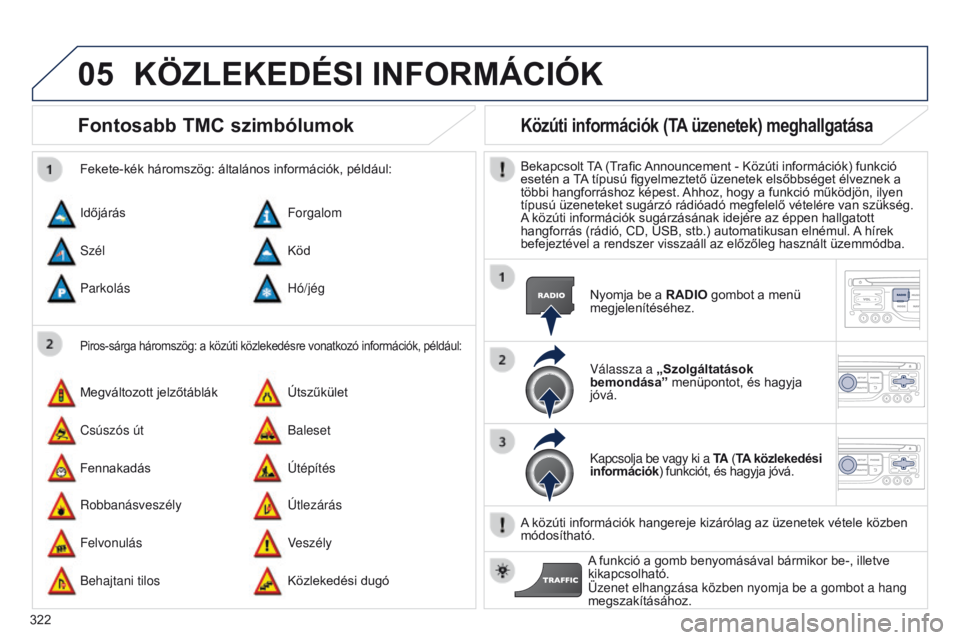 PEUGEOT 3008 2014  Kezelési útmutató (in Hungarian) 05
322
3008_hu_Chap12c_RT6-2-8_ed01-2014
Fontosabb TMC szimbólumok
Piros-sárga háromszög: a közúti közlekedésre vonatkozó információk, például:
Fekete-kék háromszög: általános inform