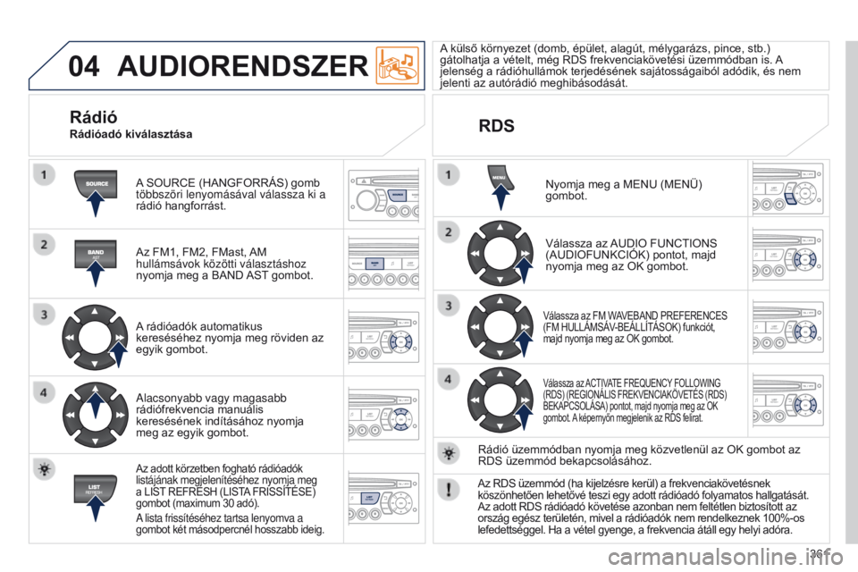 PEUGEOT 3008 2014  Kezelési útmutató (in Hungarian) 04
361
3008_hu_Chap12d_RD45_ed01_2013
AUDIORENDSZER
A SOURCE (HANGFORRÁS) gomb 
többszöri lenyomásával válassza ki a 
rádió hangforrást.
Az FM1, FM2, FMast, AM 
hullámsávok közötti válas