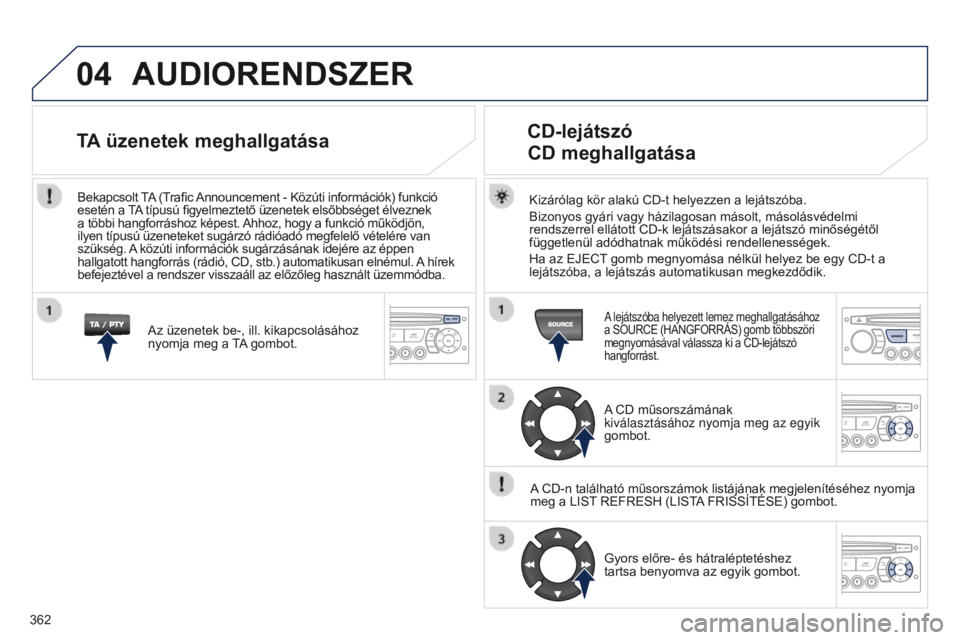 PEUGEOT 3008 2014  Kezelési útmutató (in Hungarian) 04
362
3008_hu_Chap12d_RD45_ed01_2013
AUDIORENDSZER
Kizárólag kör alakú CD-t helyezzen a lejátszóba.
Bizonyos gyári vagy házilagosan másolt, másolásvédelmi 
rendszerrel ellátott CD-k lej