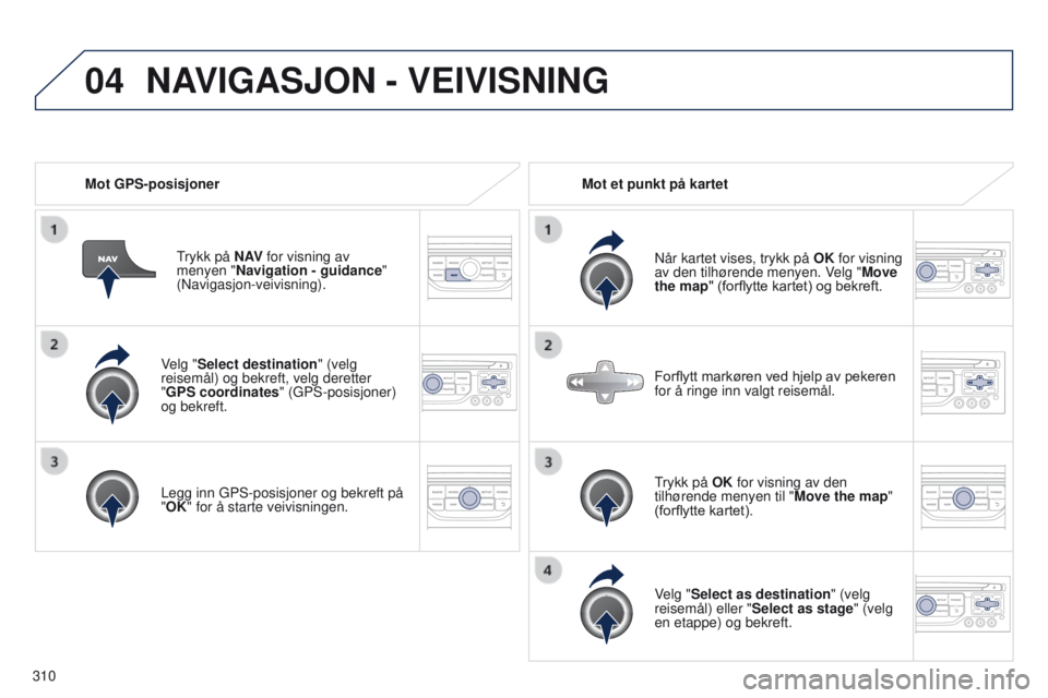 PEUGEOT 3008 2014  Instruksjoner for bruk (in Norwegian) 04
310
3008_no_Chap12c_Rt6-2-8_ed01-2014
Velg "Select destination" (velg 
reisemål) og bekreft, velg deretter  
"GPS coordinates" (
g PS-posisjoner) 
og bekreft.
Legg inn 
g PS-posisj