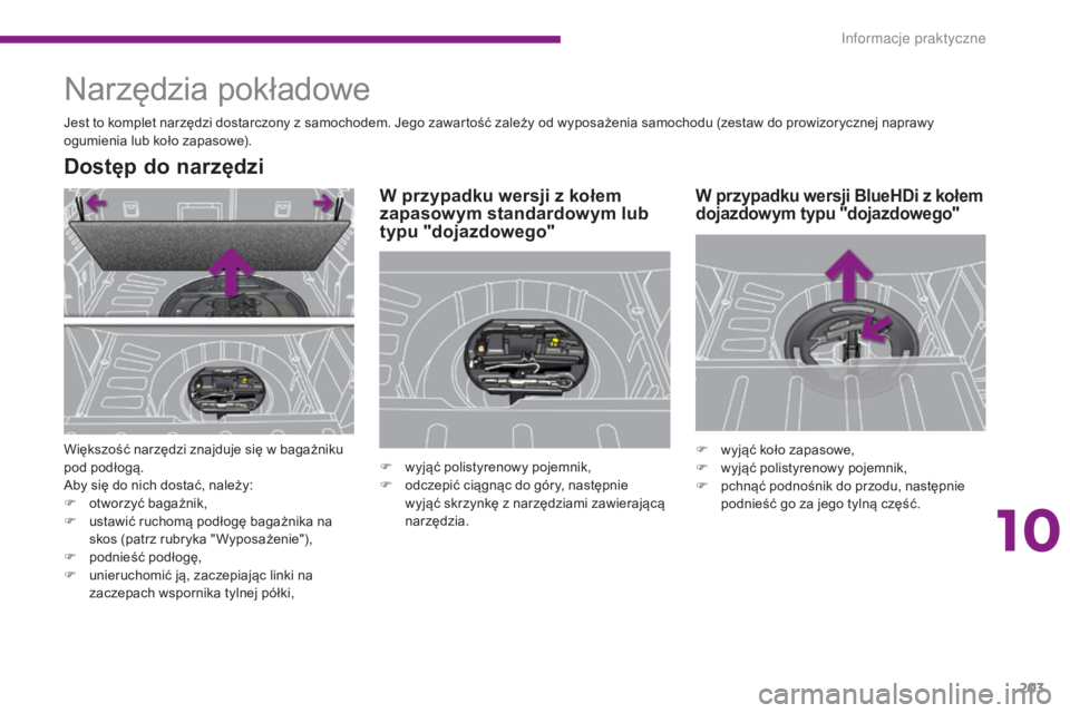 PEUGEOT 3008 2014  Instrukcja obsługi (in Polish) 203
Narzędzia pokładowe
Jest to komplet narzędzi dostarczony z samochodem. Jego zawartość zależy od wyposażenia samochodu (zestaw do prowizorycznej naprawy 
ogumienia lub koło zapasowe).
Dost