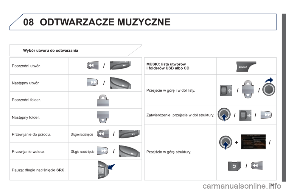 PEUGEOT 3008 2014  Instrukcja obsługi (in Polish) 08
/
// /
/ /
/
+
/
/
/
341
3008_pl_Chap12c_RT6-2-8_ed01-2014
Wybór utworu do odtwarzania
Poprzedni utwór.
Następny utwór.
Poprzedni folder.
Następny folder.
Przewijanie do przodu.
Przewijanie ws