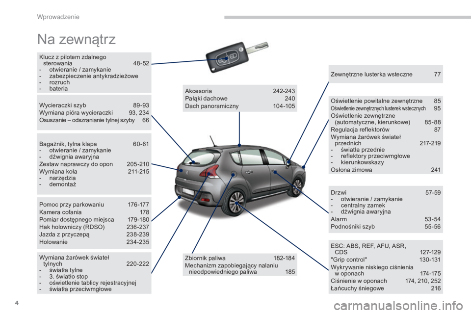PEUGEOT 3008 2014 Instrukcja obsługi (in Polish) 4
3008_pl_Chap00b_vue-ensemble_ed01-2014
Na zewnątrz
Klucz z pilotem zdalnego sterowania 4 8-52
-
o
twieranie / zamykanie
-
z
abezpieczenie antykradzieżowe
-
r
ozruch
-
b
ateria
Wycieraczki PEUGEOT 3008 2014 Instrukcja obsługi (in Polish) 4
3008_pl_Chap00b_vue-ensemble_ed01-2014
Na zewnątrz
Klucz z pilotem zdalnego sterowania 4 8-52
-
o
twieranie / zamykanie
-
z
abezpieczenie antykradzieżowe
-
r
ozruch
-
b
ateria
Wycieraczki