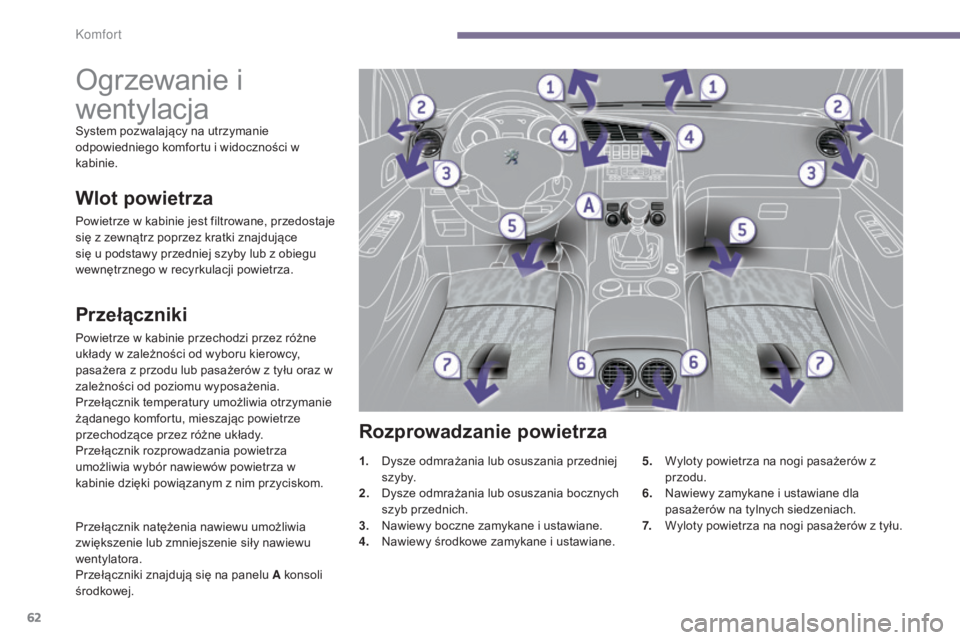 PEUGEOT 3008 2014 Instrukcja obsługi (in Polish) 62
Ogrzewanie i
wentylacja
System pozwalający na utrzymanie
odpowiedniego komfortu i widoczności w
kabinie.
Przełączniki
Powietrze w kabinie przechodzi przez różne
układy w zależności od PEUGEOT 3008 2014 Instrukcja obsługi (in Polish) 62
Ogrzewanie i
wentylacja
System pozwalający na utrzymanie
odpowiedniego komfortu i widoczności w
kabinie.
Przełączniki
Powietrze w kabinie przechodzi przez różne
układy w zależności od