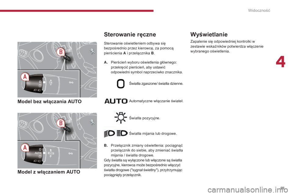 PEUGEOT 3008 2014  Instrukcja obsługi (in Polish) 81
Model bez włączania AUTO
Model z włączaniem AUTO
Sterowanie oświetleniem odbywa się 
bezpośrednio przez kierowcę, za pomocą 
pierścienia A i przełącznika B .
B.
 

 
P
 rzełącznik zmi