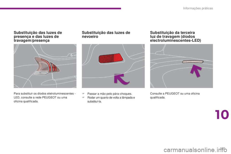 PEUGEOT 3008 2014  Manual de utilização (in Portuguese) 221
Substituição das luzes de 
presença e das luzes de 
travagem/presençaSubstituição das luzes de 
nevoeiro
Para substituir os díodos eletroluminescentes -  
LED, consulte a rede PEu
gE Ot  ou