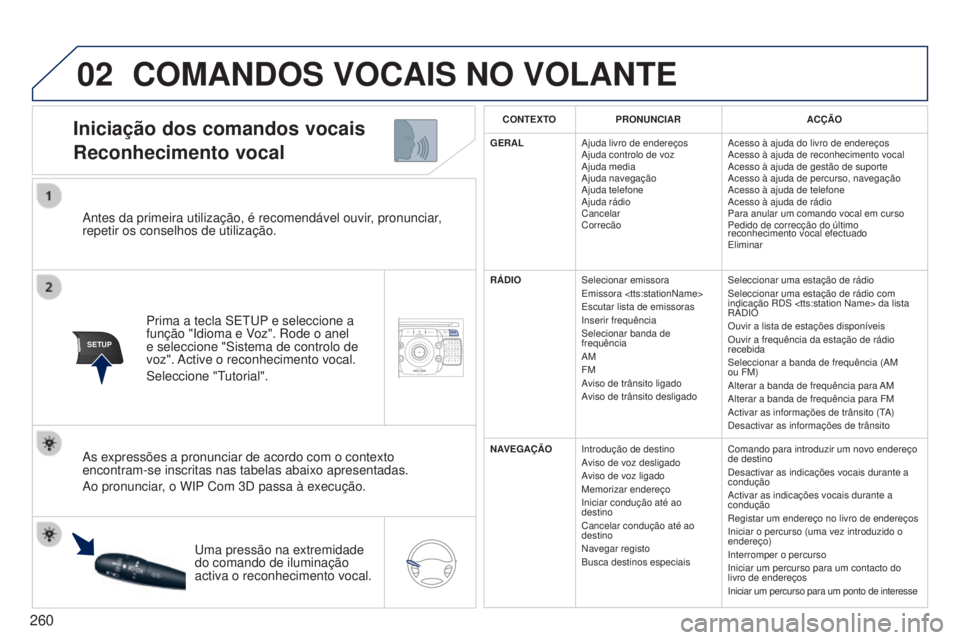 PEUGEOT 3008 2014  Manual de utilização (in Portuguese) 02
SETUP2ABC3DEF5JKL4GHI6MNO8TUV7PQRS9WXYZ0*#
1NAVTRAFFICADDR
BOOKSETUP
260
3008_pt_Chap12b_Ng4_ed01-2014
Antes da primeira utilização, é recomendável ouvir, pronunciar, 
repetir os conselhos de u