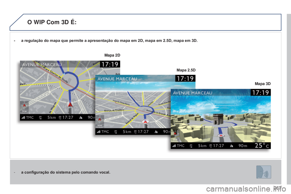 PEUGEOT 3008 2014  Manual de utilização (in Portuguese) 267
3008_pt_Chap12b_Ng4_ed01-2014
-  a regulação do mapa que permite a apresentação do mapa em 2D, mapa em 2.5D, mapa em 3D.
-   
a configuração do sistema pelo comando vocal. Mapa 3D
Mapa 2D
Ma