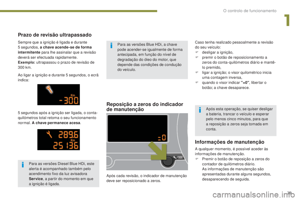 PEUGEOT 3008 2014  Manual de utilização (in Portuguese) 29
Reposição a zeros do indicador 
de manutenção
Após cada revisão, o indicador de manutenção 
deve ser reposicionado a zeros.
Prazo de revisão ultrapassado
5 segundos após a ignição ser l