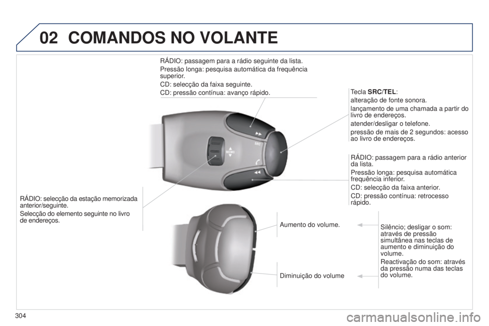 PEUGEOT 3008 2014  Manual de utilização (in Portuguese) 02
304
3008_pt_Chap12c_Rt6-2-8_ed01-2014
RÁDIO: selecção da estação memorizada 
anterior/seguinte.
Selecção do elemento seguinte no livro 
de
  endereços.
tecla 
 SRC/TEL:
alteração de fonte