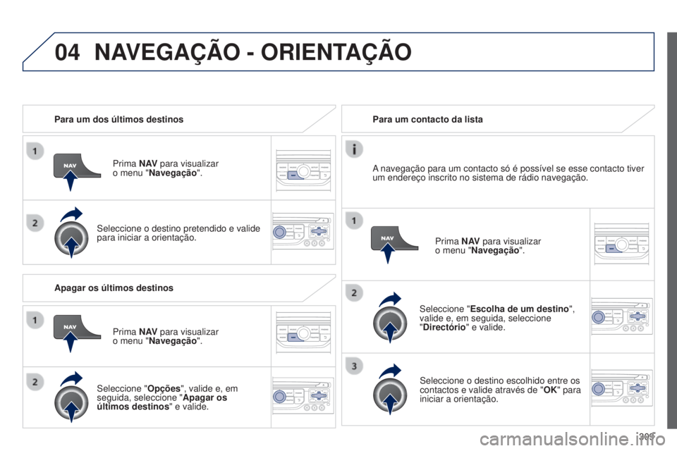 PEUGEOT 3008 2014  Manual de utilização (in Portuguese) 04
309
3008_pt_Chap12c_Rt6-2-8_ed01-2014
Para um dos últimos destinos
Prima N AV para visualizar  
o menu "Navegação ".
Seleccione o destino pretendido e valide 
para iniciar a orientação