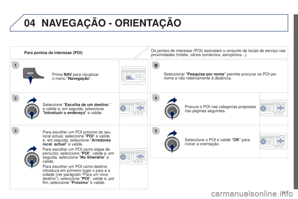 PEUGEOT 3008 2014  Manual de utilização (in Portuguese) 04
3 11
3008_pt_Chap12c_Rt6-2-8_ed01-2014
Para pontos de interesse (POI) Os pontos de interesse (POI) assinalam o conjunto de locais de serviç\
o nas 
proximidades (hotéis, vários comércios, aerop