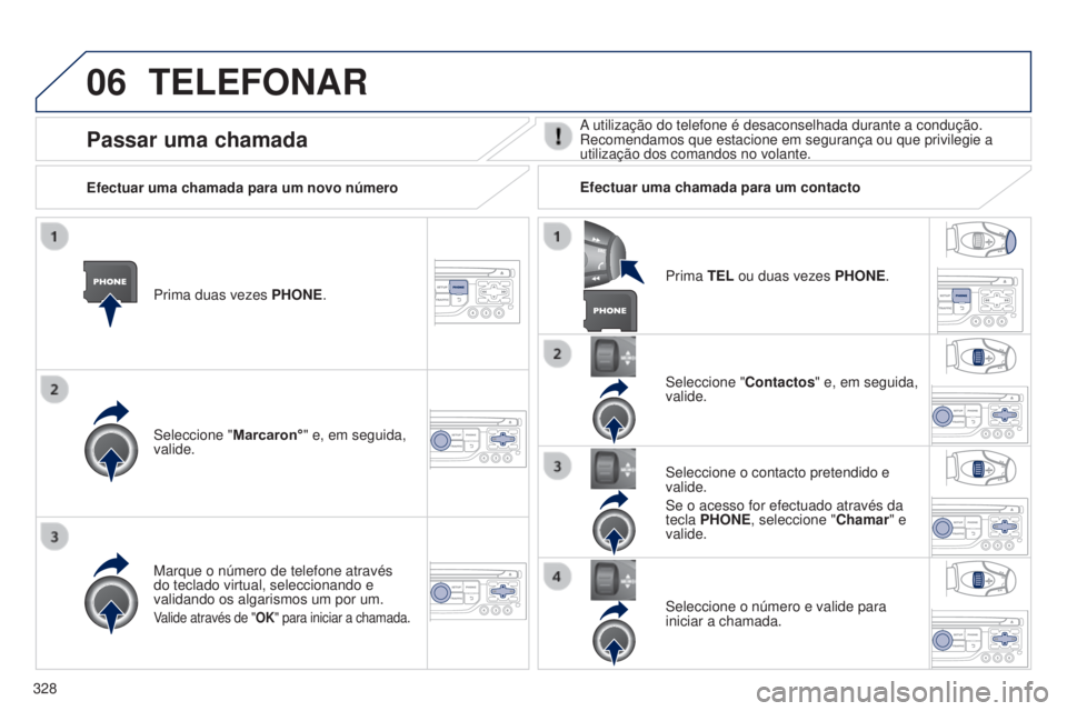 PEUGEOT 3008 2014  Manual de utilização (in Portuguese) 06
328
3008_pt_Chap12c_Rt6-2-8_ed01-2014
TELEFONAR
Prima duas vezes PHONE.
Seleccione " Marcaron°" e, em seguida, 
valide. Seleccione "
Contactos" e, em seguida, 
valide.
Marque o nú