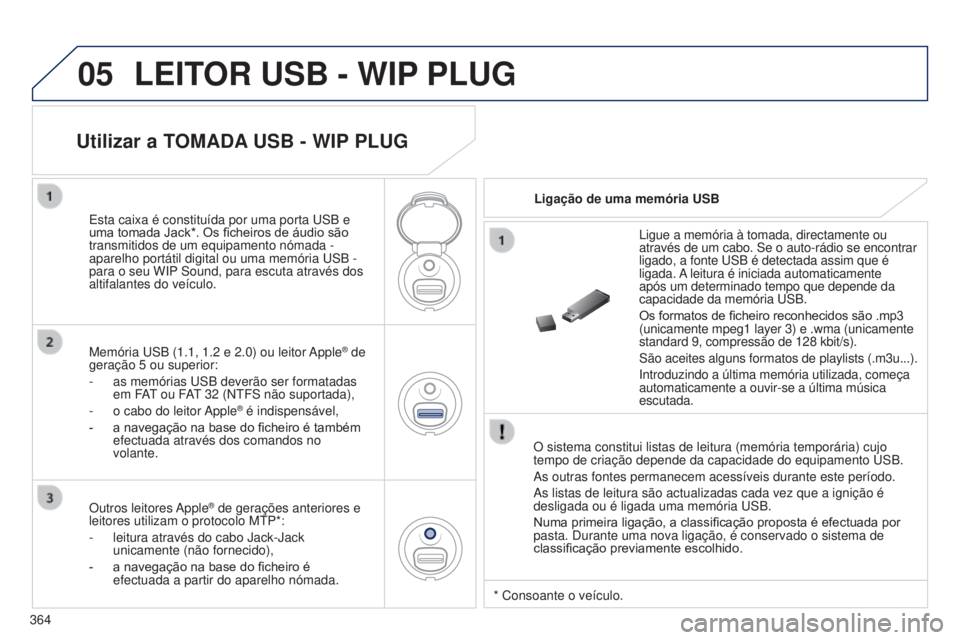 PEUGEOT 3008 2014  Manual de utilização (in Portuguese) 05
364
3008_pt_Chap12d_RD45_ed01_2013
LEITOR USB - WIP PLUG
O sistema constitui listas de leitura (memória temporária) cujo \
tempo de criação depende da capacidade do equipamento u SB.
As outras