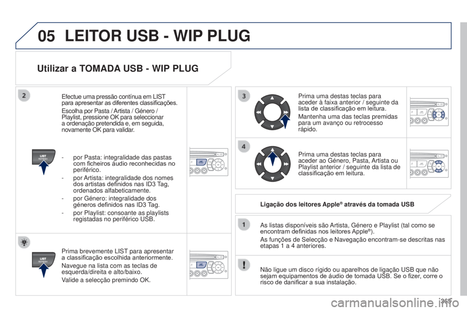 PEUGEOT 3008 2014  Manual de utilização (in Portuguese) 05
365
3008_pt_Chap12d_RD45_ed01_2013
Utilizar a TOMADA USB - WIP PLUG
Prima brevemente LISt para apresentar 
a classificação escolhida anteriormente.
Navegue na lista com as teclas de 
esquerda/dir