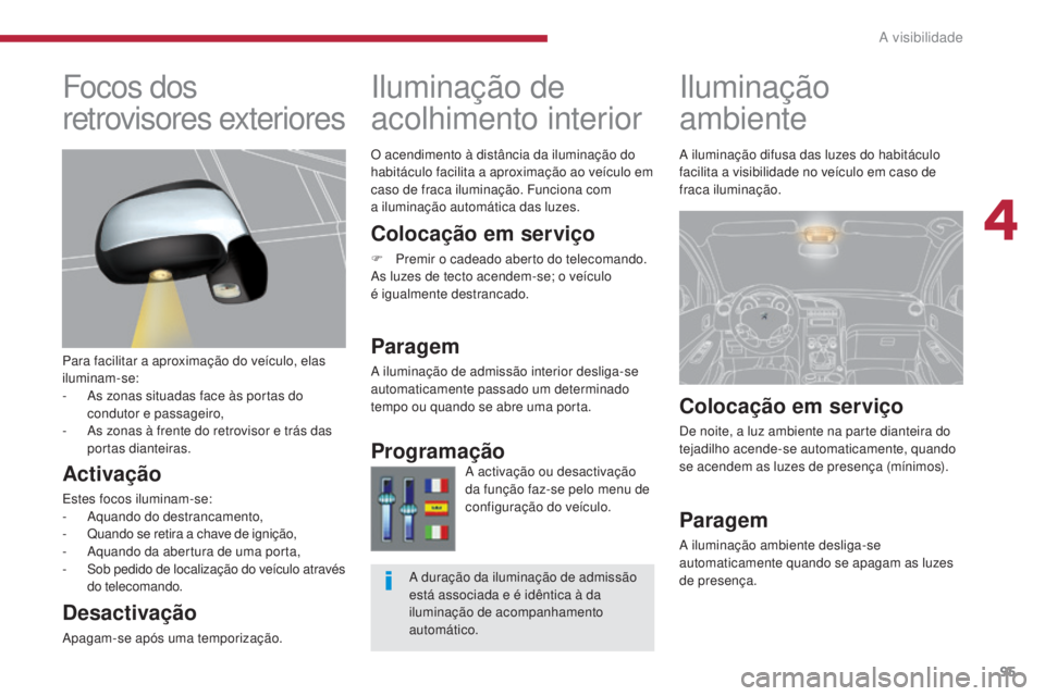 PEUGEOT 3008 2014  Manual de utilização (in Portuguese) 95
Iluminação 
ambiente
Iluminação de 
acolhimento interior
Colocação em serviço
F Premir o cadeado aberto do telecomando.
As luzes de tecto acendem-se; o veículo  
é igualmente destrancado.
