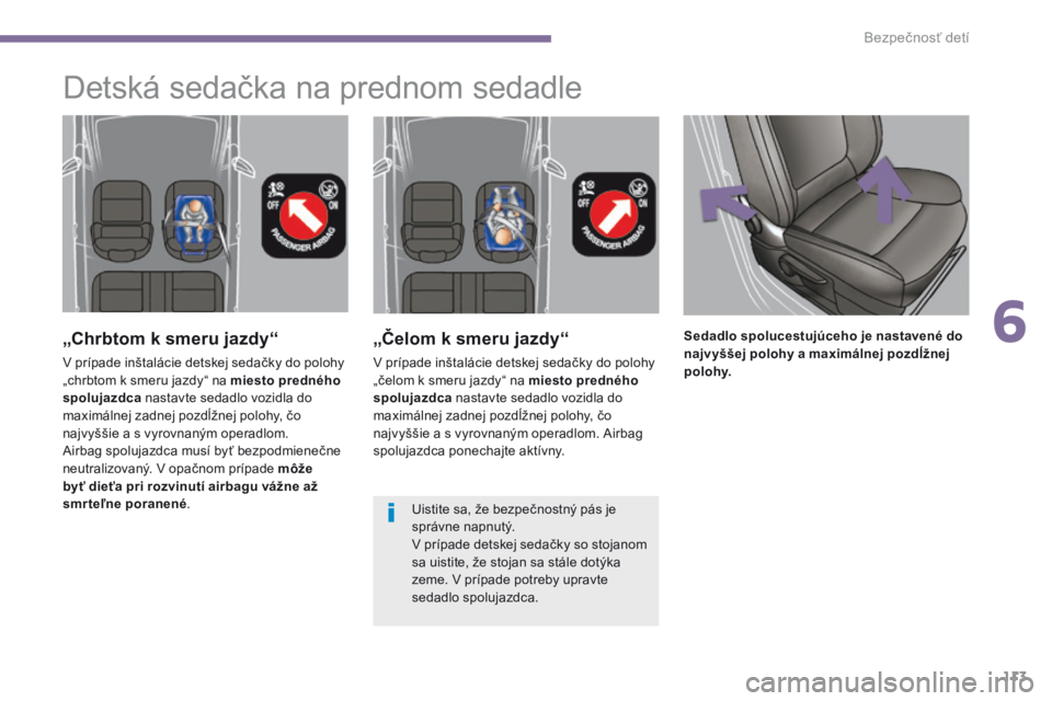 PEUGEOT 3008 2014  Návod na použitie (in Slovakian) 113
„Čelom k smeru jazdy“
V prípade inštalácie detskej sedačky do polohy 
„čelom k smeru jazdy“ na miesto predného 
spolujazdca nastavte sedadlo vozidla do 
maximálnej zadnej pozdĺžn