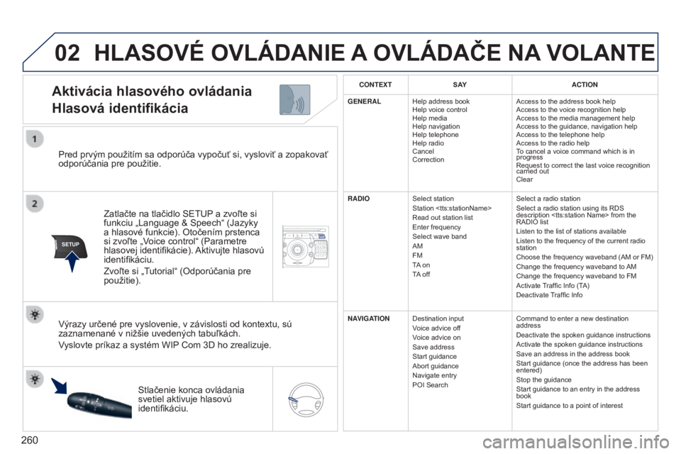 PEUGEOT 3008 2014  Návod na použitie (in Slovakian) 02
SETUP2ABC3DEF5JKL4GHI6MNO8TUV7PQRS9WXYZ0*#
1NAVTRAFFICADDR
BOOKSETUP
260
3008_sk_Chap12b_Ng4_ed01-2014
Pred prvým použitím sa odporúča vypočuť si, vysloviť a zopakovať 
odporúčania pre p