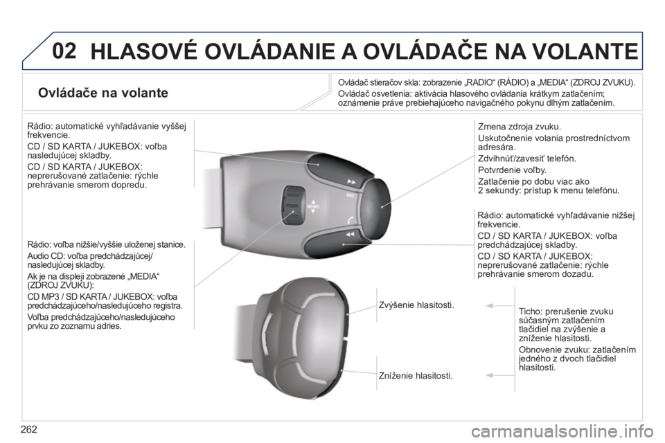 PEUGEOT 3008 2014  Návod na použitie (in Slovakian) 02
262
3008_sk_Chap12b_Ng4_ed01-2014
HLASOVé OVLáDANIE A OVL á DAČE   NA  VOLANTE
Ovládače na volante
Ovládač stieračov skla: zobrazenie „RADIO“ (RÁDIO) a „MeDIA“ (ZDROJ ZVUKU).
Ovl