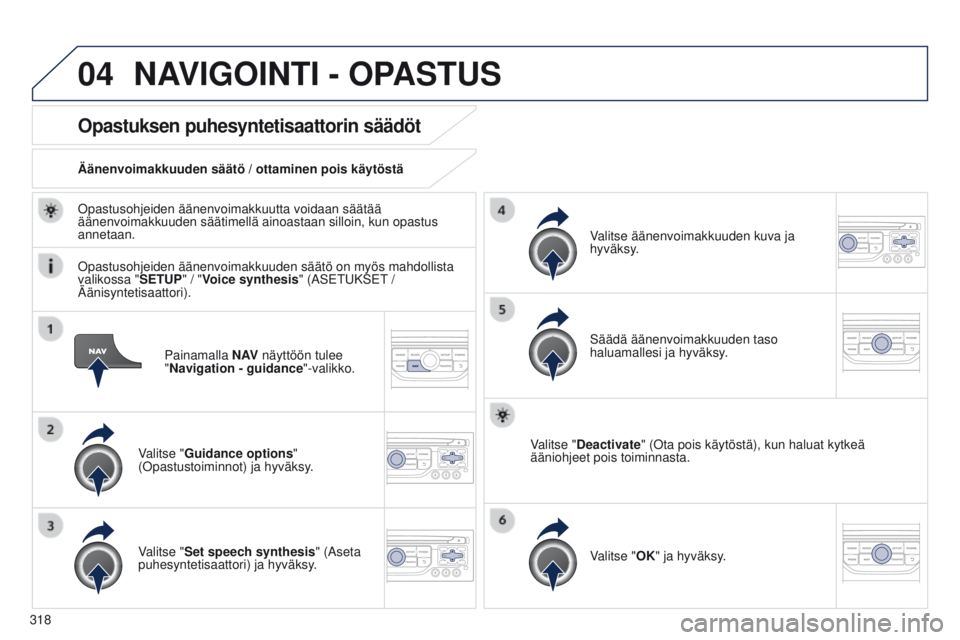 PEUGEOT 3008 2014  Omistajan Käsikirja (in Finnish) 04
318
3008_fi_Chap12c_RT6-2-8_ed01-2014
Painamalla N AV näyttöön tulee  
"Navigation - guidance "-valikko.
Opastuksen puhesyntetisaattorin säädöt
Valitse "Guidance options " 
( 