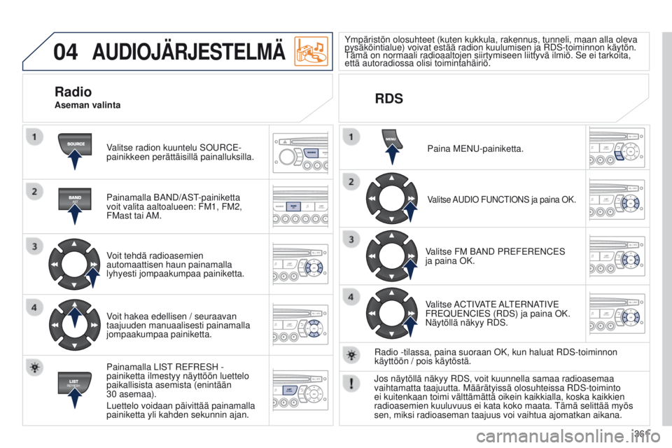 PEUGEOT 3008 2014 Omistajan Käsikirja (in Finnish) 04
361
3008_fi_Chap12d_RD45_ed01_2013
AUDIOJÄRJESTELMÄ
Valitse radion kuuntelu SouRCe-
painikkeen perättäisillä painalluksilla.
Painamalla BAND/AST
-painiketta
voit valita aaltoalueen: FM1, FM2, PEUGEOT 3008 2014 Omistajan Käsikirja (in Finnish) 04
361
3008_fi_Chap12d_RD45_ed01_2013
AUDIOJÄRJESTELMÄ
Valitse radion kuuntelu SouRCe-
painikkeen perättäisillä painalluksilla.
Painamalla BAND/AST
-painiketta
voit valita aaltoalueen: FM1, FM2,