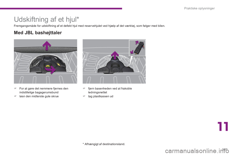 PEUGEOT 3008 2013.5.  Brugsanvisning (in Danish) 11
Praktiske oplysninger
207
   
 
 
�) 
  For at gøre det nemmere fjernes den 
indstillelige bagagerumsbund 
   
�) 
  løsn den midterste gule skrue  
 
 
 
 
 
 
 
 
 
 
 
 
 
 
 
 
 
Med JBL bash