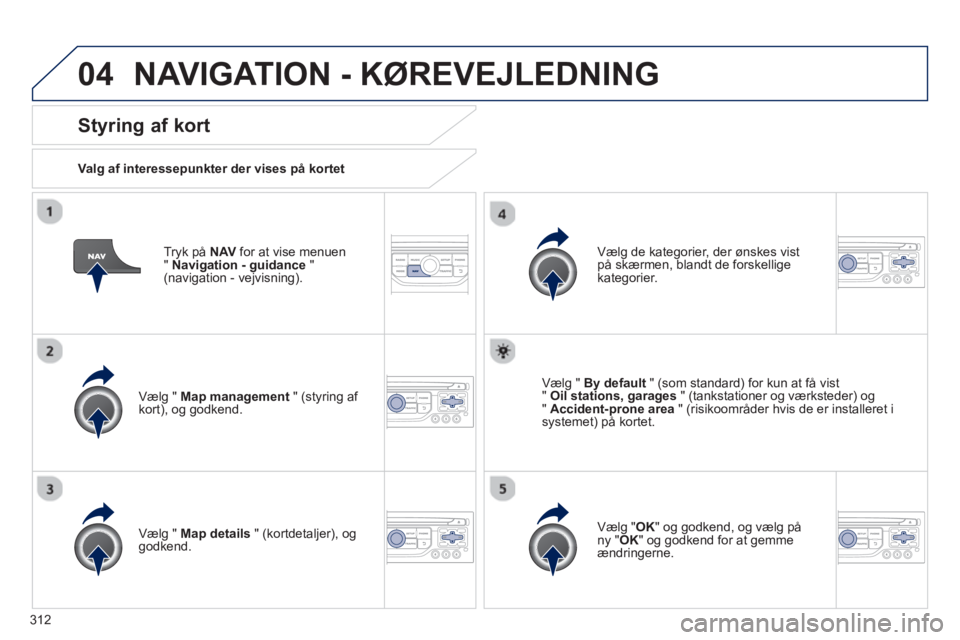 PEUGEOT 3008 2013.5.  Brugsanvisning (in Danish) 04
312   
Tryk på  NAV 
 for at vise menuen 
"  Navigation - guidance 
 " 
(navigation - vejvisning).  
 
 
Styring af kort 
 
 
Valg af interessepunkter der vises på kortet  
   
Vælg "  Map manag