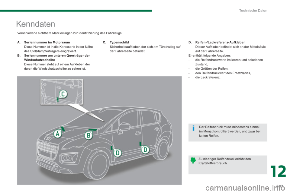 PEUGEOT 3008 2013.5.  Betriebsanleitungen (in German) 12
Te c h n i s c h e  D a t e n
247
   
 
 
 
 
 
 
 
 
 
 
 
 
 
 
 
 
 
 
 
 
 
 
Kenndaten 
 
 
 
 
A. 
   
Seriennummer im Motorraum 
   
  Diese Nummer ist in die Karosserie in der Nähe 
des St