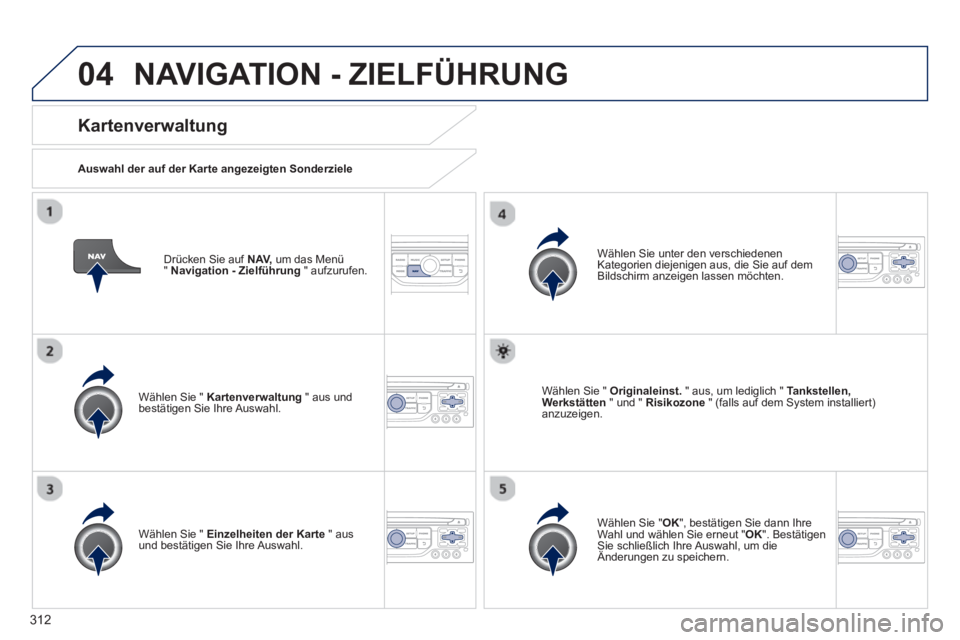 PEUGEOT 3008 2013.5.  Betriebsanleitungen (in German) 04
312
   
Drücken Sie auf  NAV, 
 um das Menü 
"  Navigation - Zielführung 
 " aufzurufen.  
 
 
Kartenverwaltung 
 
 
Auswahl der auf der Karte angezeigten Sonderziele  
   
Wählen Sie "  Karten