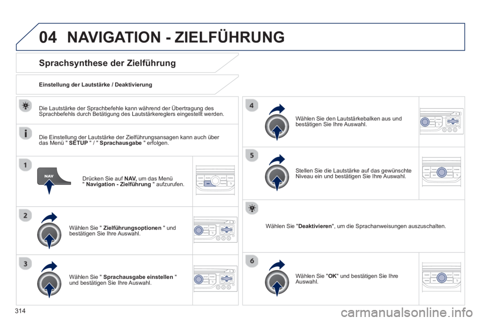 PEUGEOT 3008 2013.5.  Betriebsanleitungen (in German) 04
314
   
Drücken Sie auf  NAV, 
 um das Menü 
"  Navigation - Zielführung 
 " aufzurufen.  
 
 
 
 
 
 
 
Sprachsynthese der Zielführung 
 
 
Wählen Sie "  Zielführungsoptionen 
 " und 
bestä