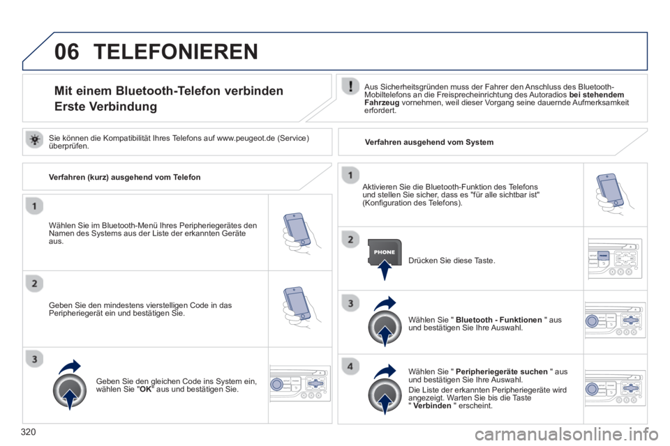 PEUGEOT 3008 2013.5.  Betriebsanleitungen (in German) 06
320
  TELEFONIEREN 
 
 
 
 
 
 
 
 
 
 
 
 
 
 
 
 
Mit einem Bluetooth-Telefon verbinden  
Erste Verbindung    
Aus Sicherheitsgründen muss der Fahrer den Anschluss des Bluetooth-
Mobiltelefons a
