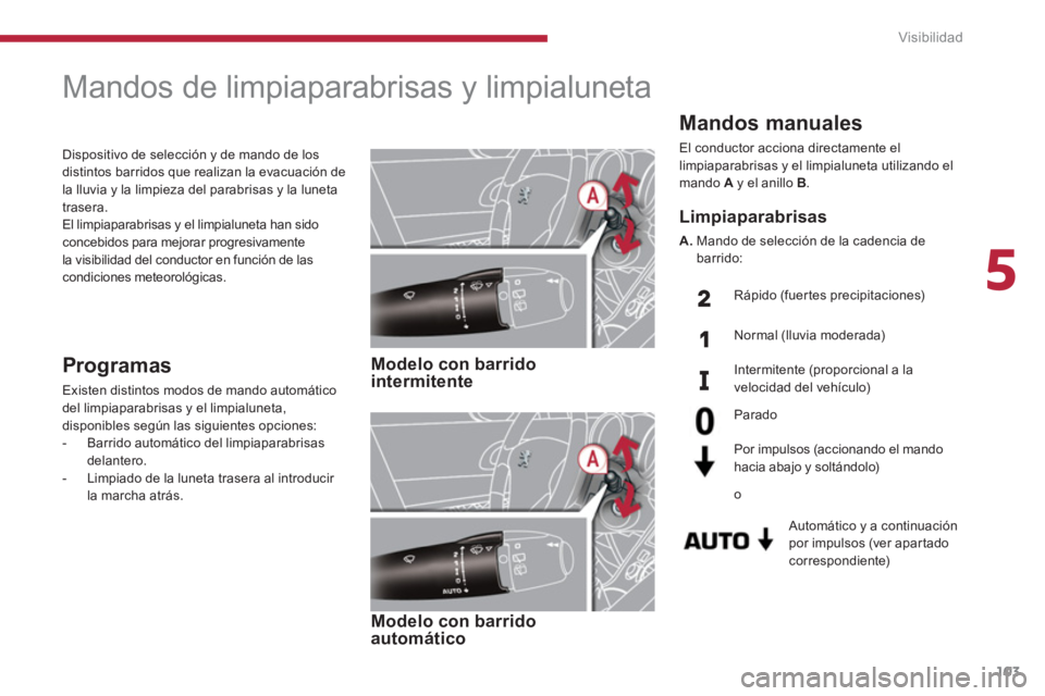 PEUGEOT 308 2024 Instrukcja obsługi (in Polish) 5
Visibilidad
103
Mandos manuales
El conductor acciona directamente el
limpiaparabrisas y el limpialuneta utilizando el
mando A
y el anillo B
.
Automático y a continuación
por im PEUGEOT 308 2024 Instrukcja obsługi (in Polish) 5
Visibilidad
103
Mandos manuales
El conductor acciona directamente el
limpiaparabrisas y el limpialuneta utilizando el
mando A
y el anillo B
.
Automático y a continuación
por im