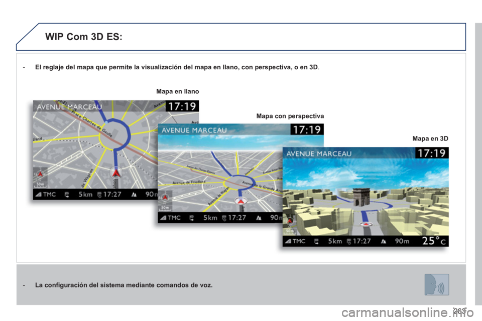 PEUGEOT 308 2024  Instrukcja obsługi (in Polish) 263
   
 
-   El 
 
 reglaje del mapa que permite la visualización del mapa en llano, con perspectiva, o  
 
en 3D 
.  
   
 
-   La 
 
 conﬁ guración del sistema  
 
mediante comandos de voz 
 
.
