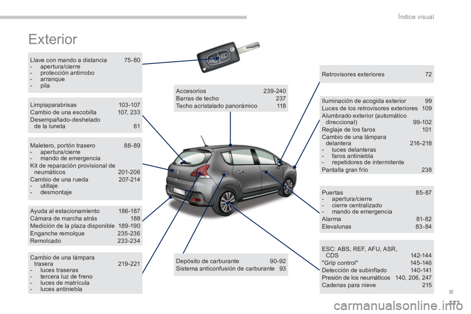 PEUGEOT 308 2024 Instrukcja obsługi (in Polish) .
Índice visual
377
Exterior
Llave con mando a distancia 75 - 80
- apertura/cierre
- protección antirrobo
- arranque
- pila
Limpiaparabrisas 103 -107
Ca PEUGEOT 308 2024 Instrukcja obsługi (in Polish) .
Índice visual
377
Exterior
Llave con mando a distancia 75 - 80
- apertura/cierre
- protección antirrobo
- arranque
- pila
Limpiaparabrisas 103 -107
Ca