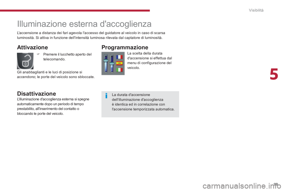PEUGEOT 3008 2013.5.  Manuale duso (in Italian) 5
Visibilità
99
   
 
 
 
 
Illuminazione esterna daccoglienza 
 
 
Attivazione 
   
Disattivazione    
Programmazione 
 
 
La scelta della durata 
daccensione si effettua dal 
menu di configurazio